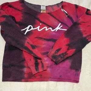 VS PINK Fleece Cropped Sweatshirt Script Logo L Supernova Tie Dye Off Shoulder